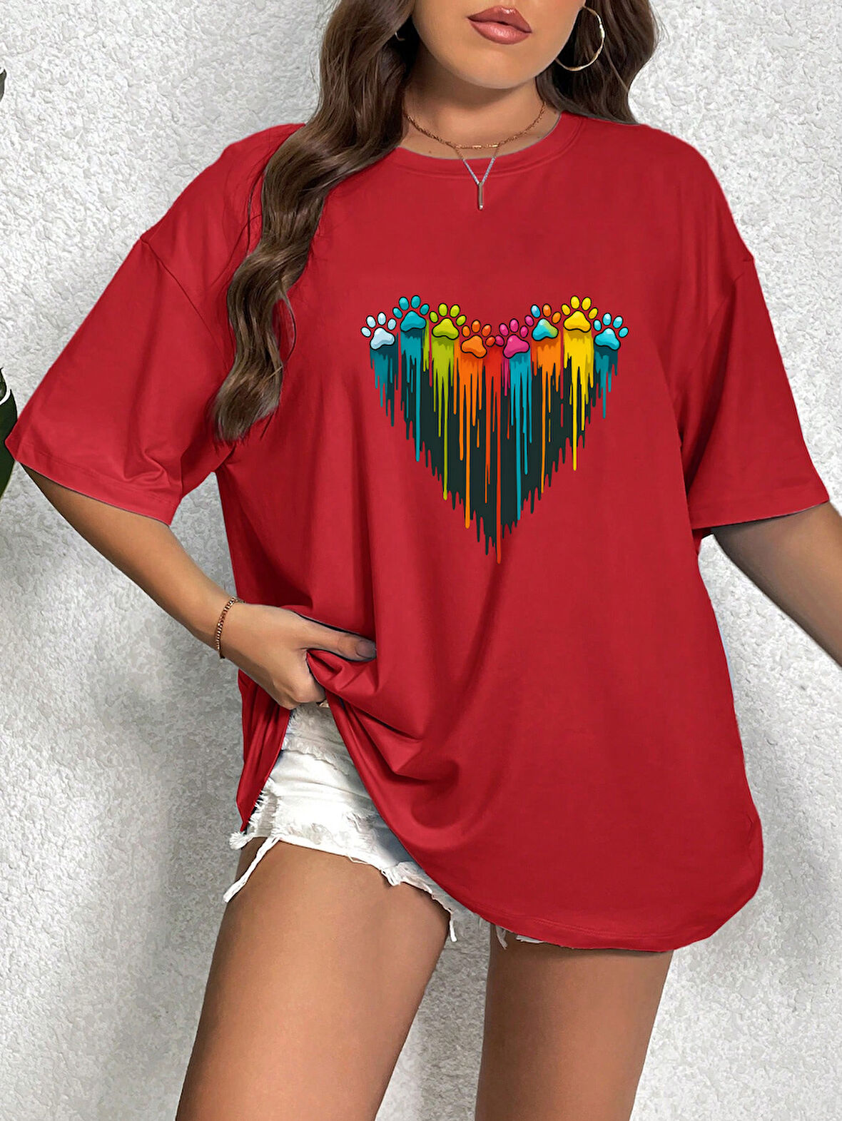 Unisex Sevimli Kedi Patili Kalp Tasarım Basklı Tshirt