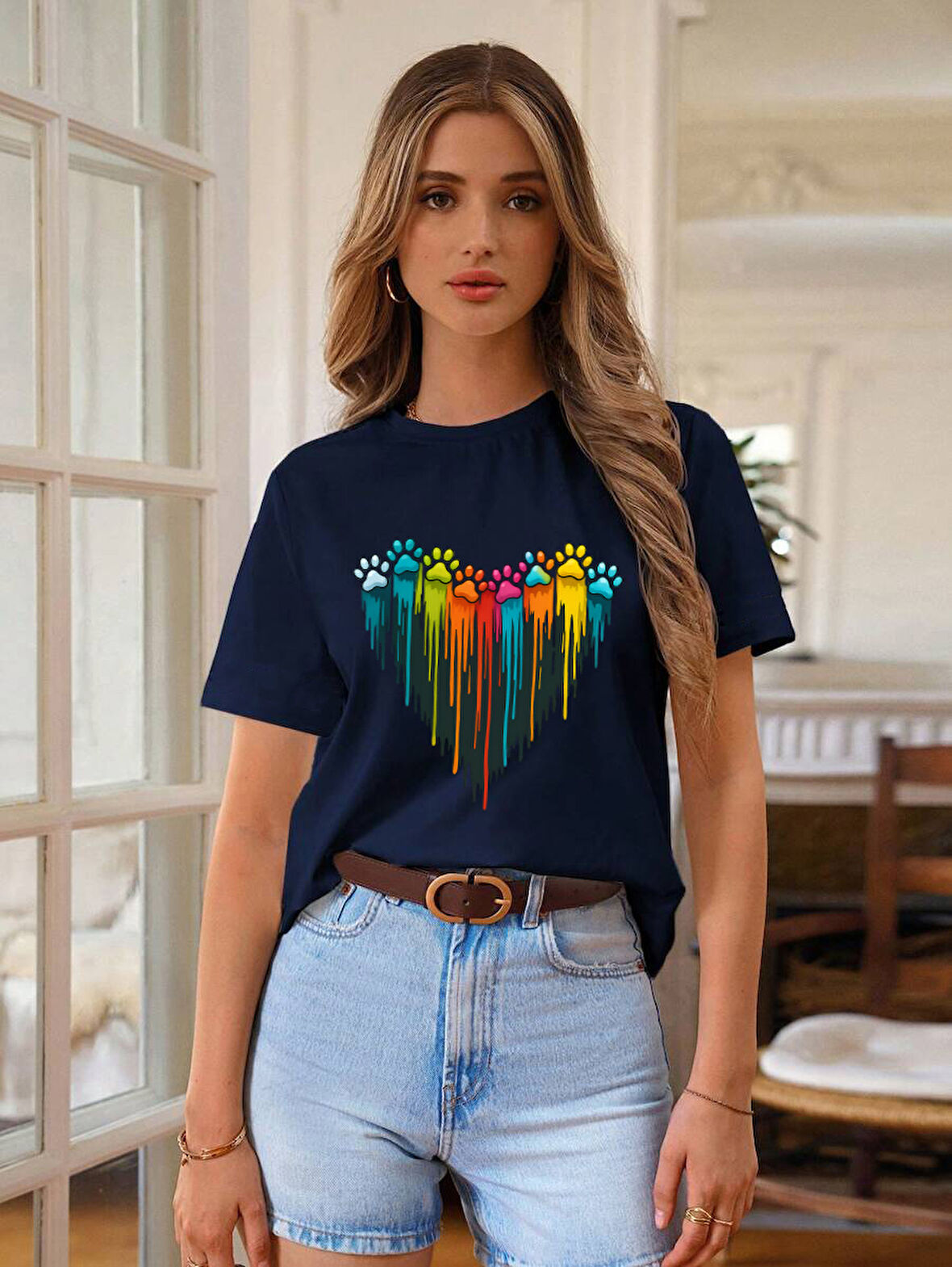 Unisex Sevimli Kedi Patili Kalp Tasarım Basklı Tshirt