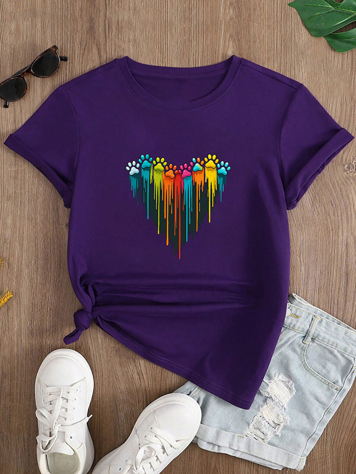 Unisex Sevimli Kedi Patili Kalp Tasarım Basklı Tshirt