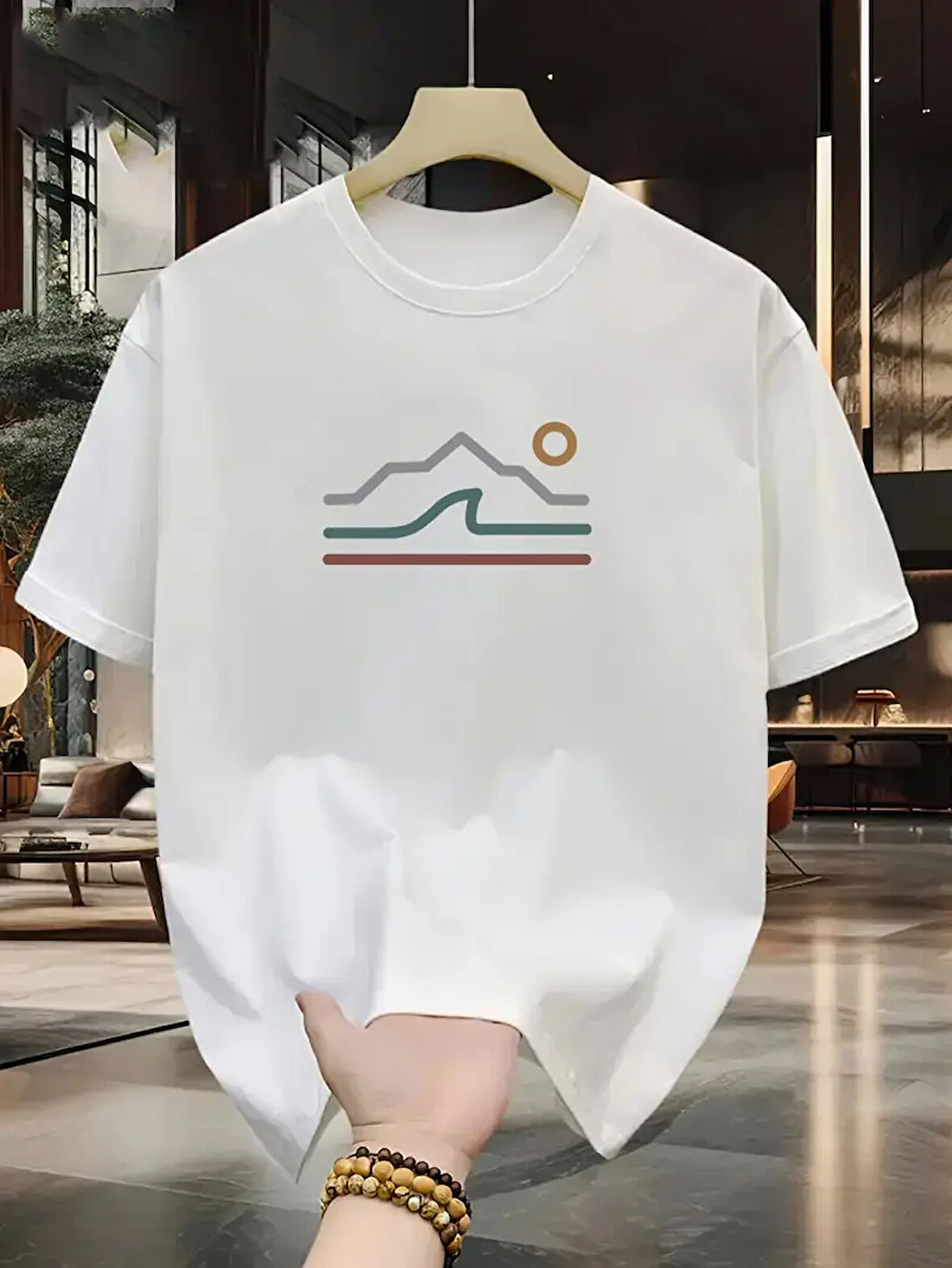 Unisex Güneşli Dağ Tasarım Basklı Tshirt