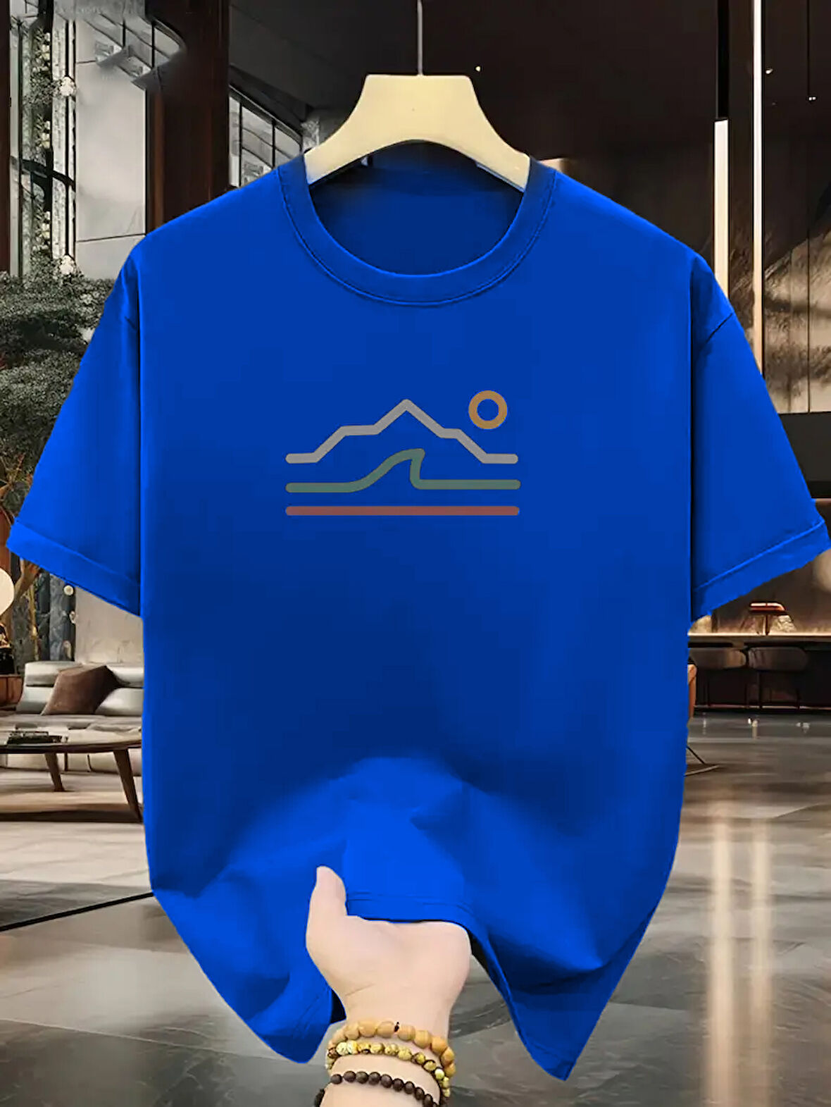 Unisex Güneşli Dağ Tasarım Basklı Tshirt