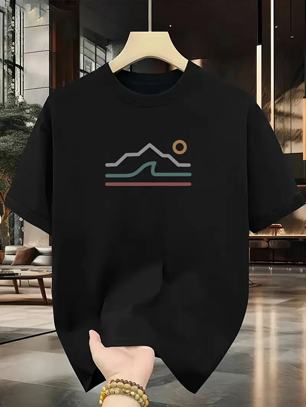 Unisex Güneşli Dağ Tasarım Basklı Tshirt