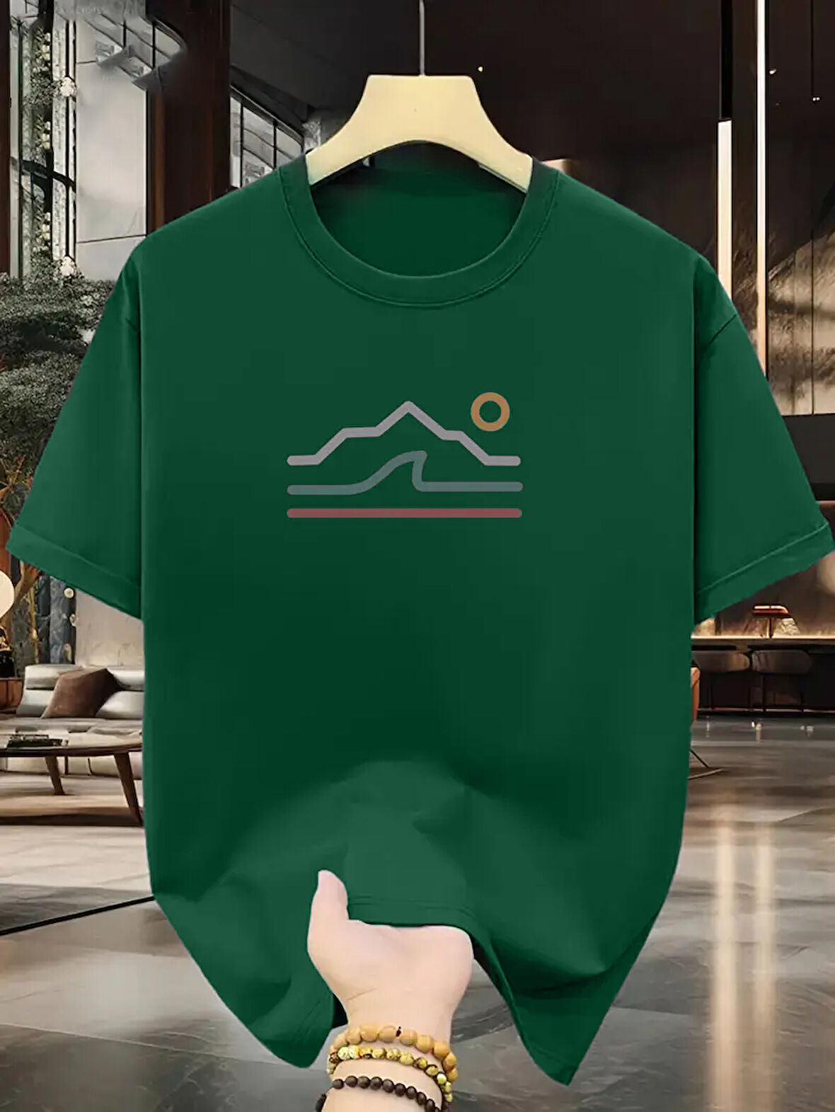 Unisex Güneşli Dağ Tasarım Basklı Tshirt