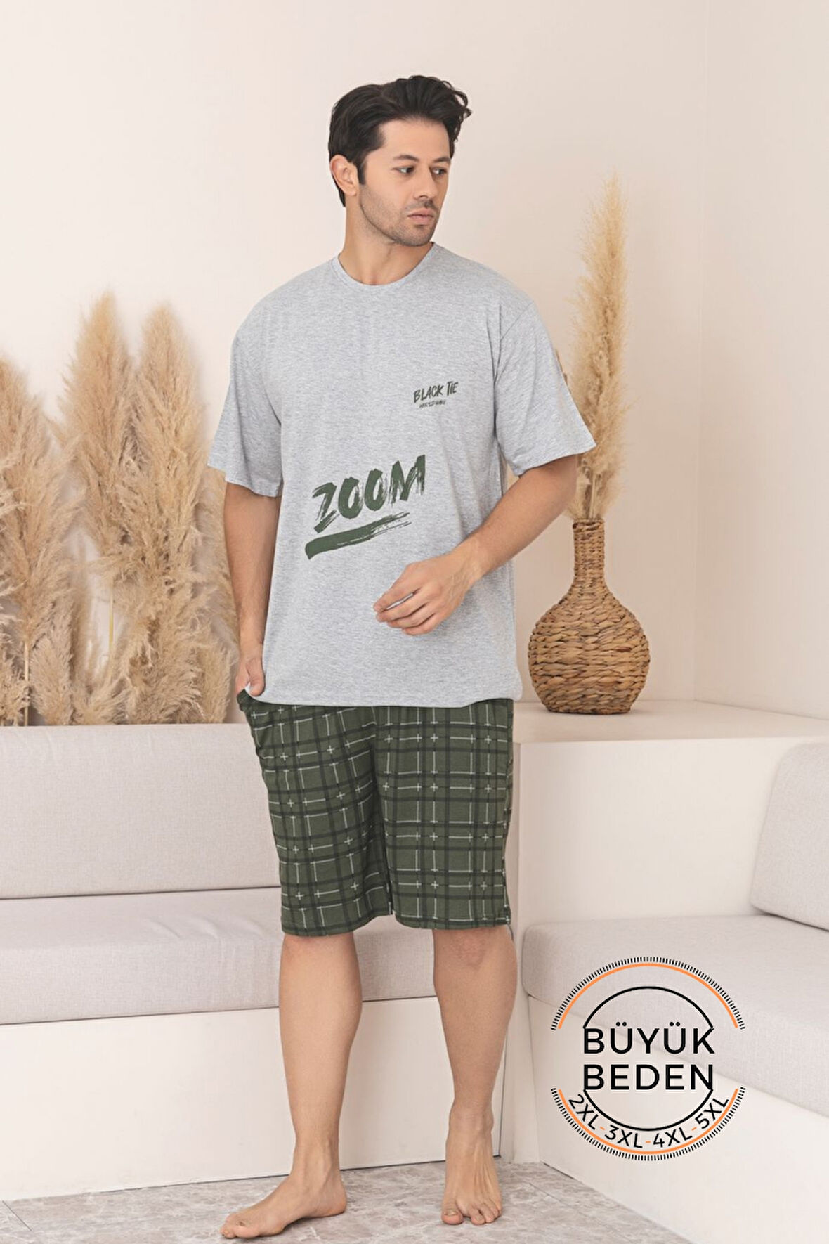 Büyük Beden Pamuklu Cepli Kısa Kollu Şortlu Erkek Pijama Takımı