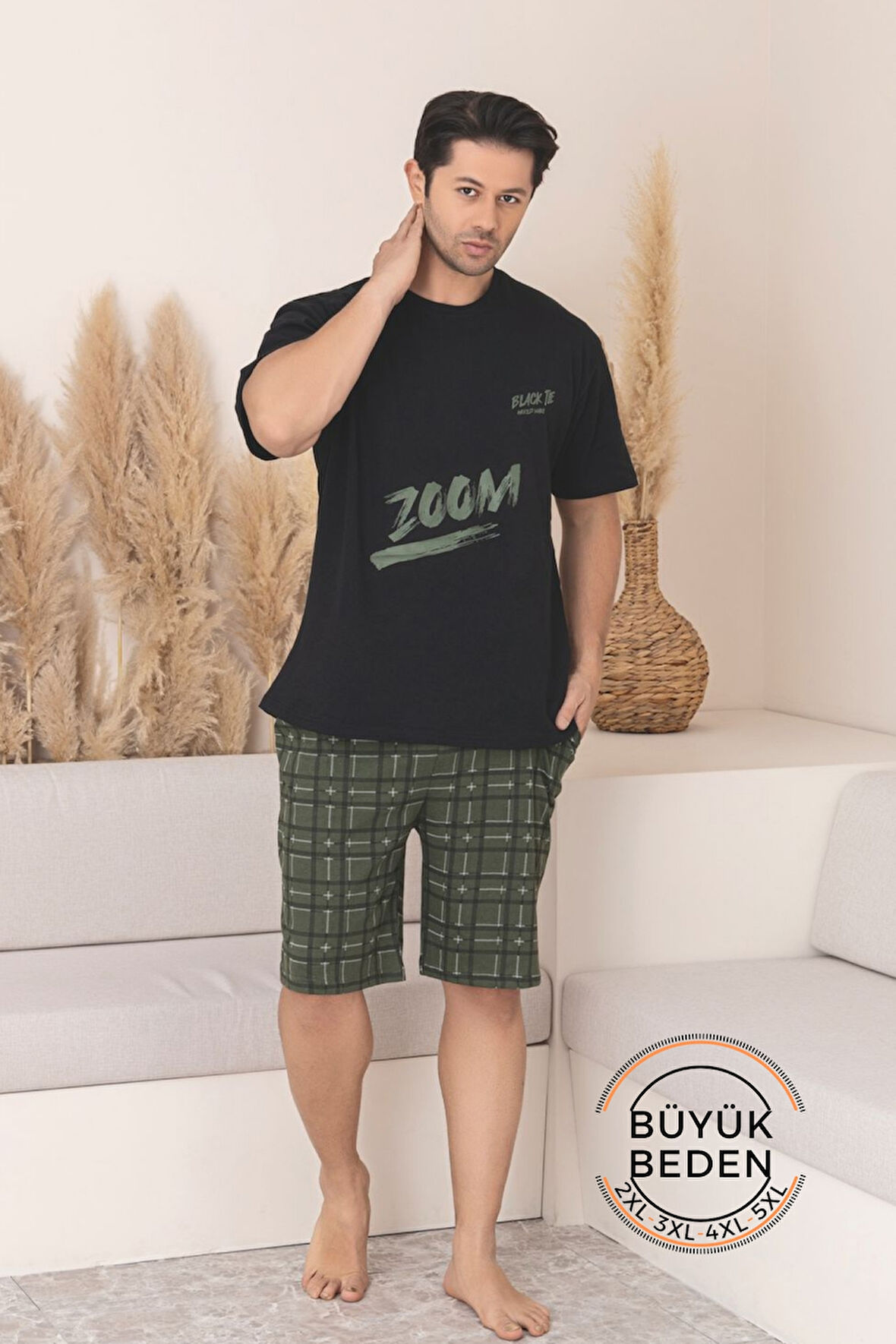 Büyük Beden Pamuklu Cepli Kısa Kollu Şortlu Erkek Pijama Takımı