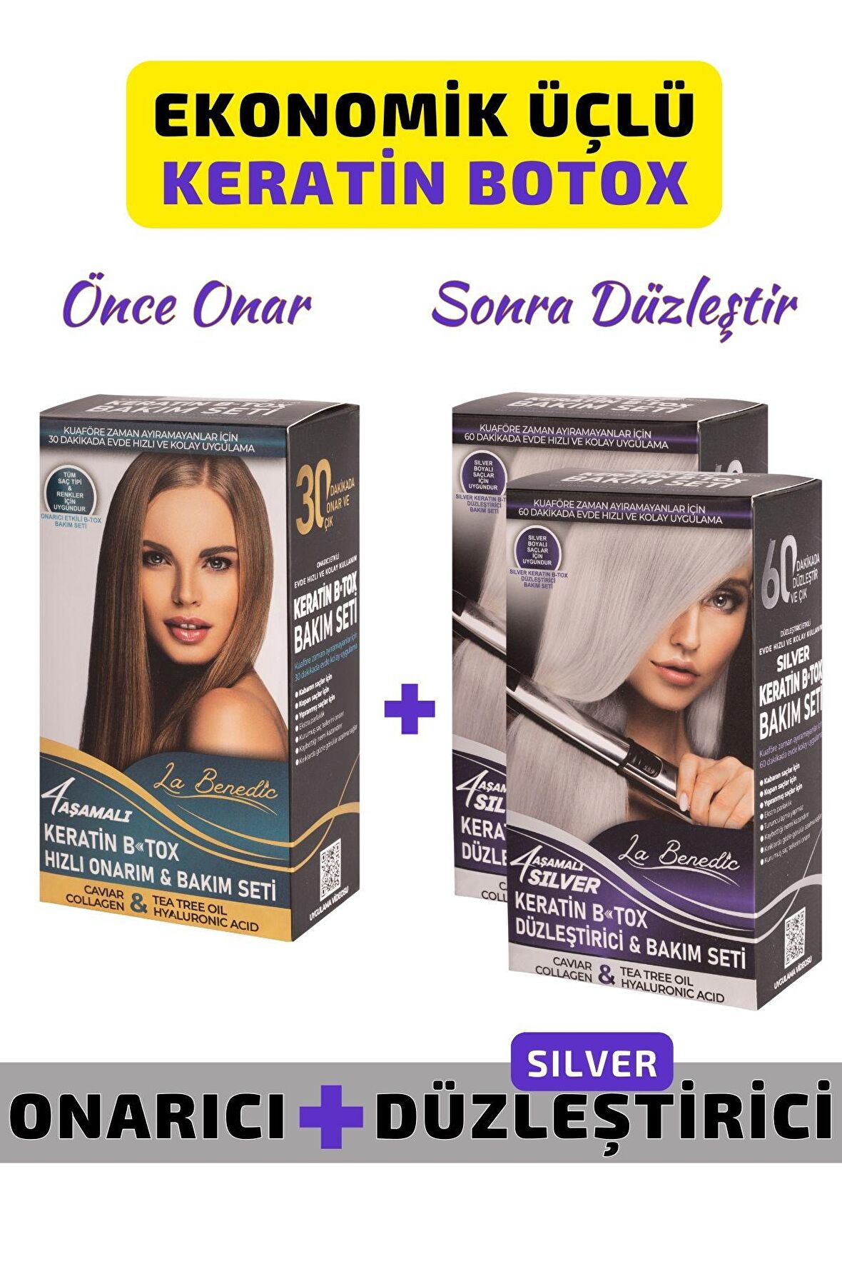 EKONOMİK 3'LÜ SILVER KERATİN BOTOX ONARICI VE DÜZLEŞTİRİCİ FULL SET (SILVER VE AÇIK SARI PLATIN RENKLİ SAÇLAR İÇİN)