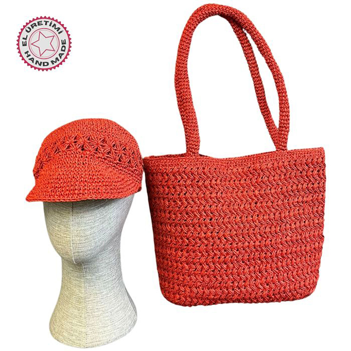 Uretti - Necla 1824 3565 El Yapımı Kağıt İp Şapka ve Omuz Çantası / Kırmızı