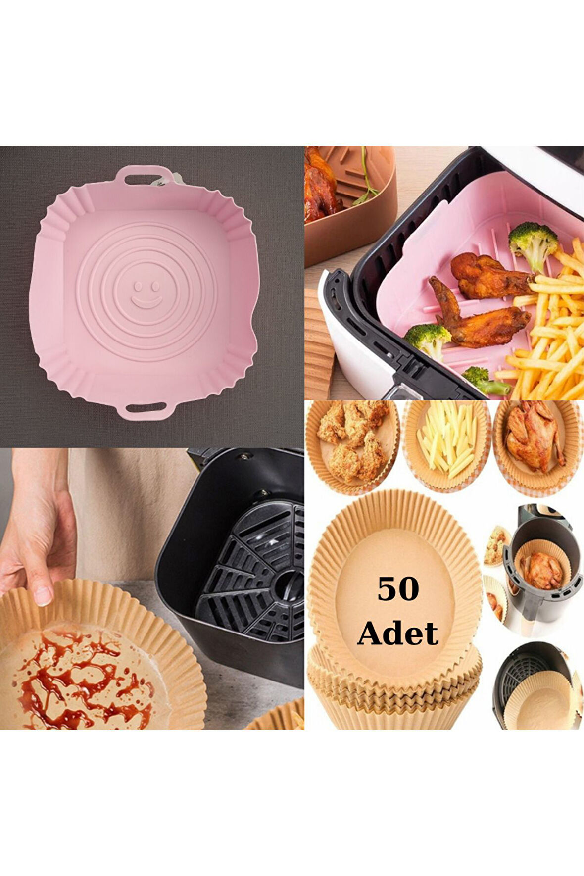 AİRFRYER SİLİKON KARE PİŞİRME KABI PEMBE+50 ADET AİRFRYER TEK KULLANIMLIK PİŞİRME KAĞIDI XL-XXL TABAK