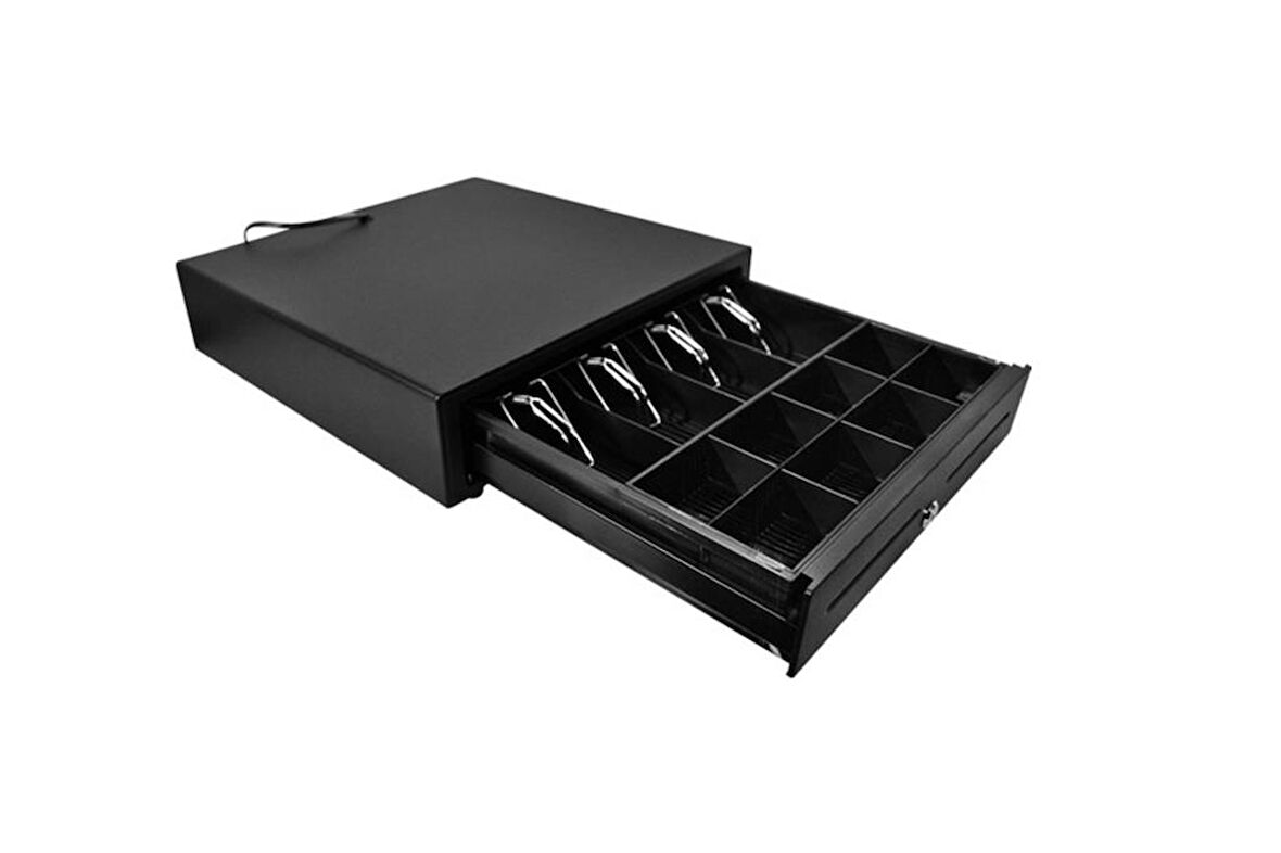 Metal Siyah Para Çekmecesi 4 Banknot 8 Bozuk Para Haznesi 41 x 41 - 10 Cm  RJ11 -12V - 3 Pozisyonlu Anahtar Kilidi 