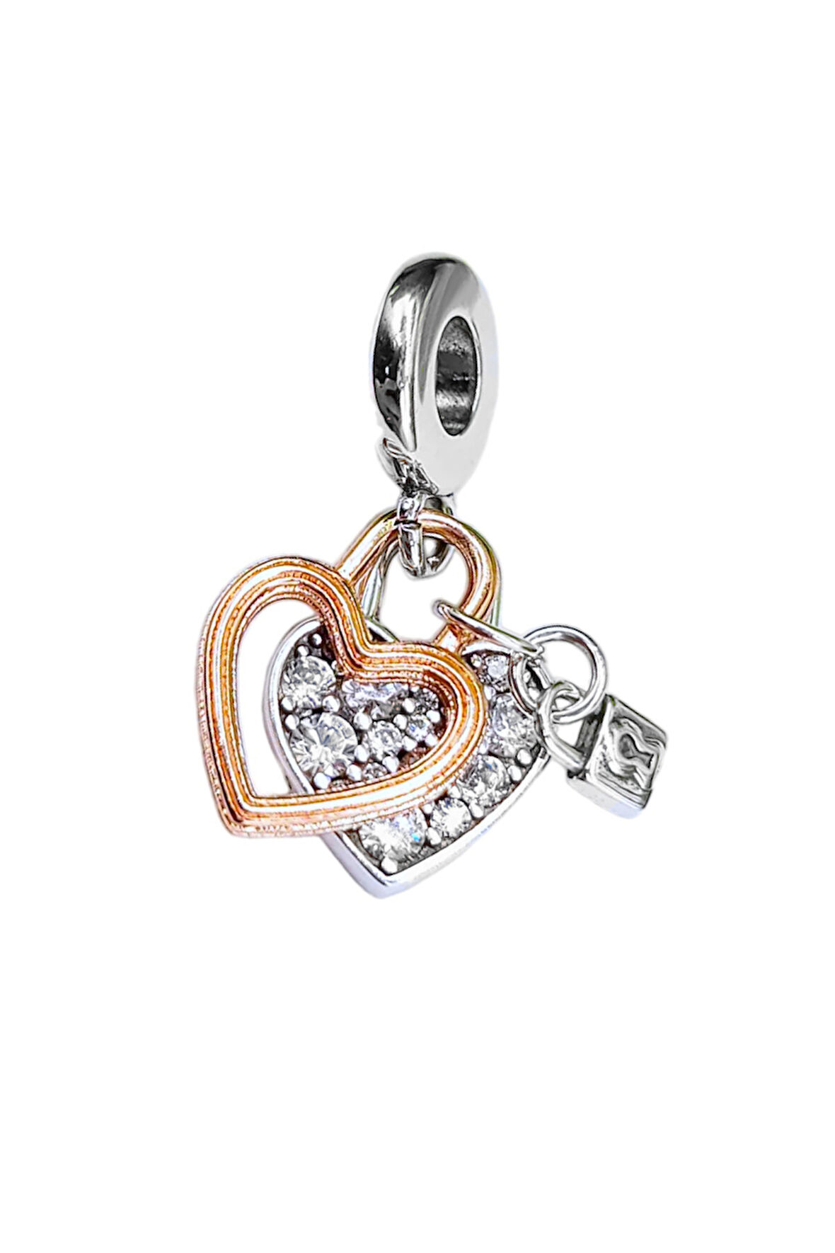 Çift Kademeli Kalp ve Asma Kilit Charm | 925 Ayar Gümüş