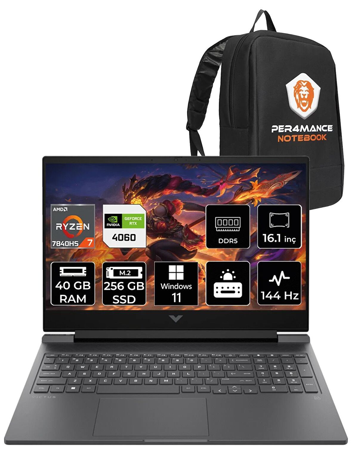 HP Victus 16 Ryzen 7 7840HS 40GB 256GB SSD RTX4060/8GB 144HZ 16.1" FHD W11H 7Z584EA & PER4 ÇANTA