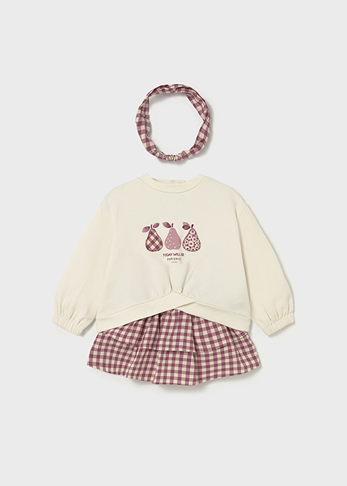 Mayoral Kız Bebek 3’lü Takım (1-4 Yaş) – Meyve Baskılı Sweatshirt, Ekose Etek ve Bandana