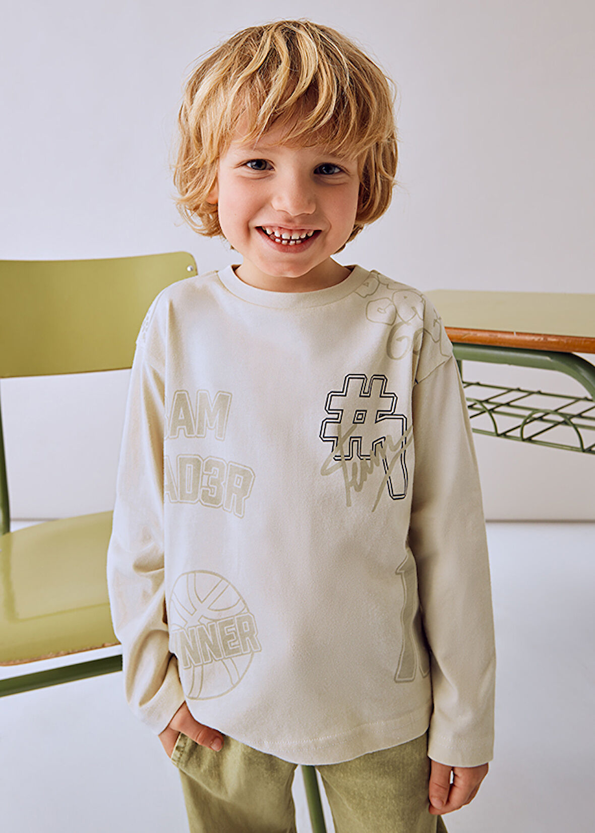 Mayoral Bej Renk Baskılı Erkek Çocuk Tişört | 4-10 Yaş, Bisiklet Yaka, Uzun Kollu, %100 Pamuk
