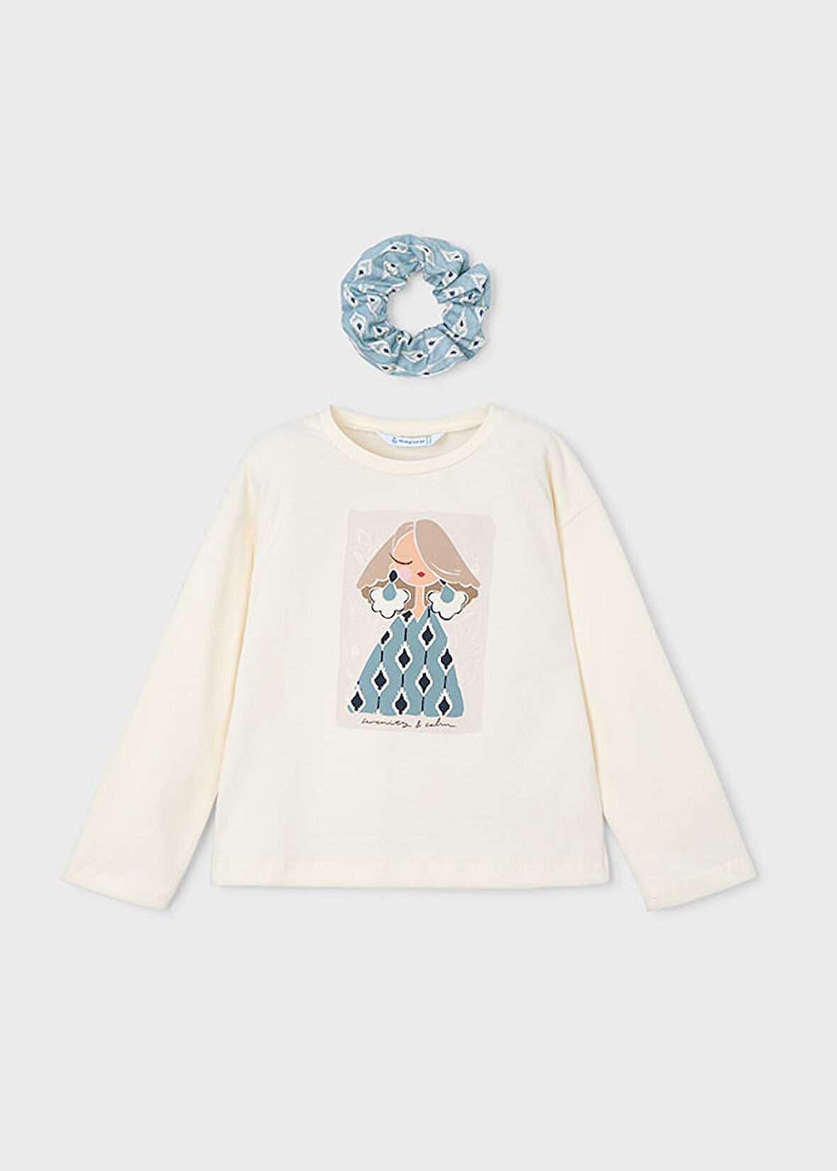 Mayoral Kız Çocuk 2’li Set (4-10 Yaş) – Krem Renk Baskılı Pamuk Bluz ve Çiçek Desenli Tokalı Set