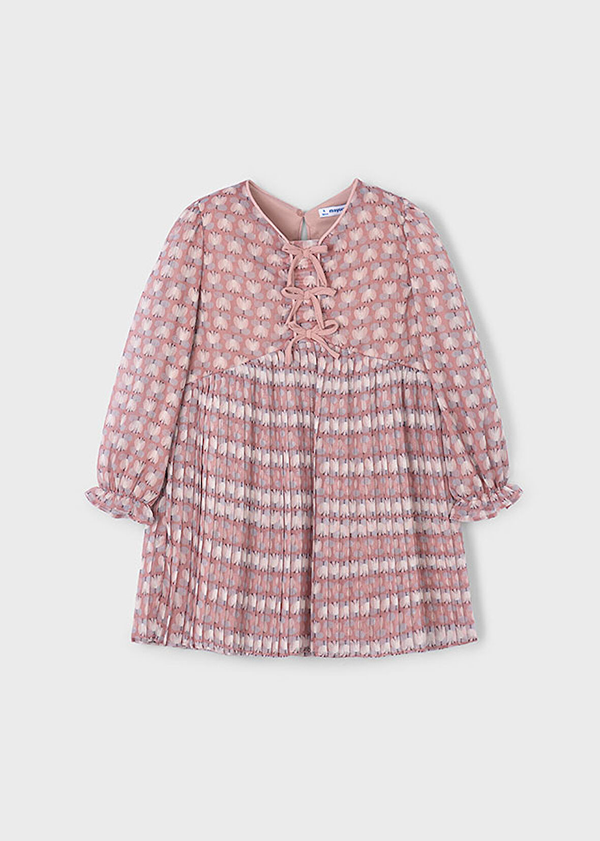 Mayoral Kız Çocuk Uzun Kollu Pembe Tül Elbise (4-10 Yaş) – Çiçek Desenli, Pamuk Astarlı, Kurdele Detaylı