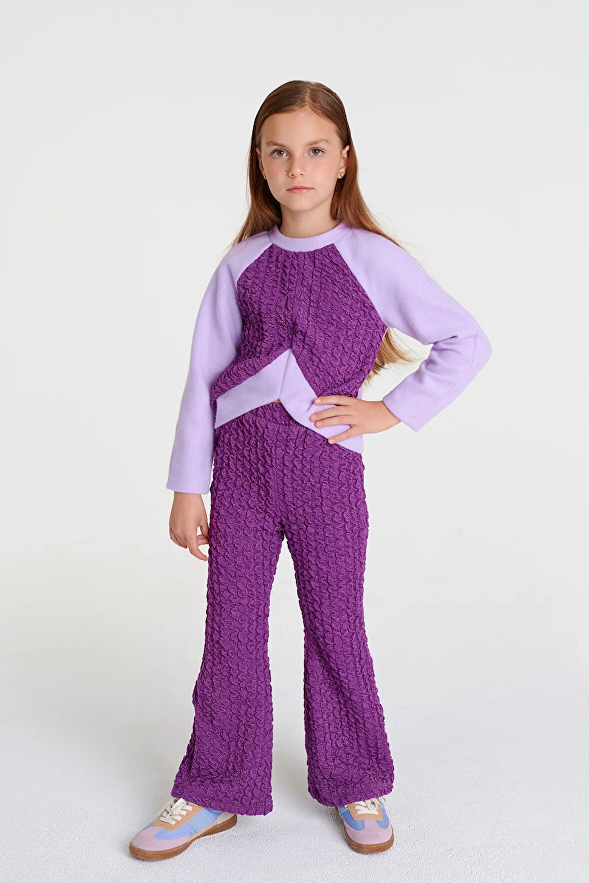 Kız Çocuk Lila Örme Crop Eşofman Takımı – 4-12 Yaş İspanyol Paça