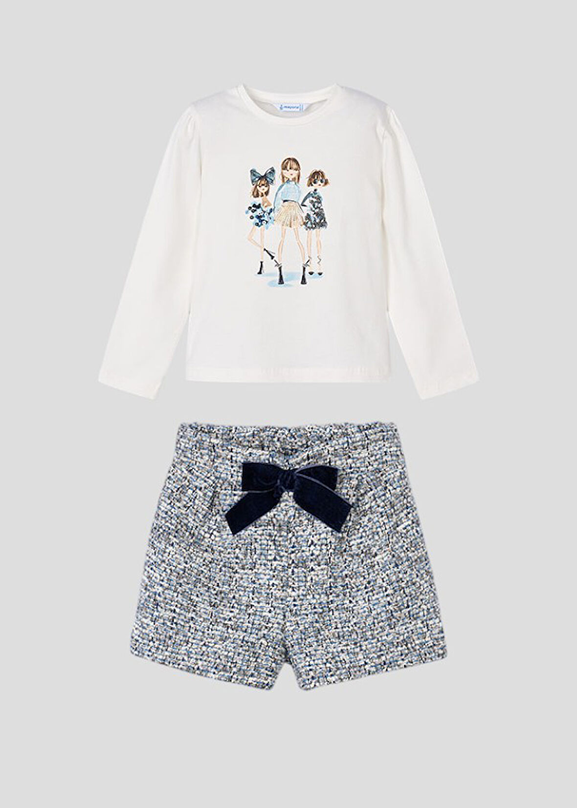 Mayoral 4-10 Yaş Kız Çocuk Bluz ve Şort Takımı | Ekru Renk, Pul Detaylı Bluz & Dokuma Şort