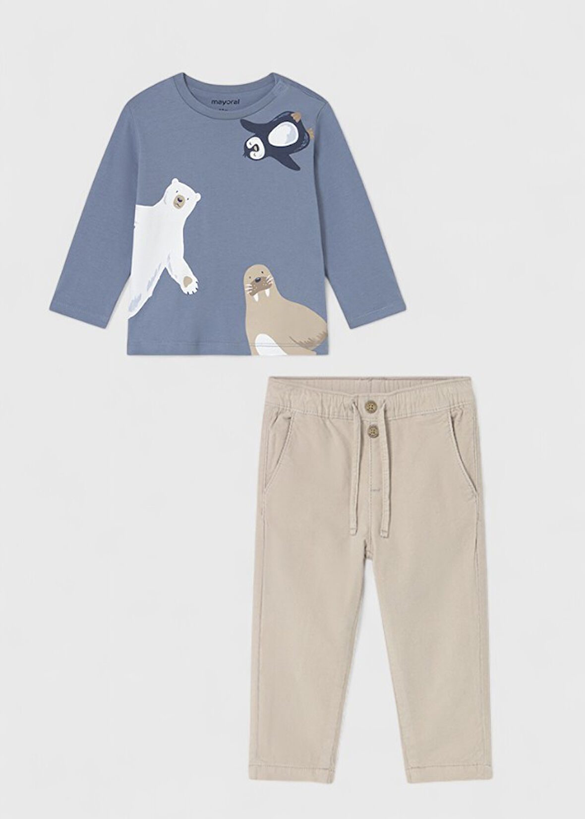 MAYORAL NORTH UZUN KOL SWEAT İÇİ ASTARLI KADİFE PANTOLON TAKIM (01-04 YAŞ ARASI) - BEJ/MAVİ