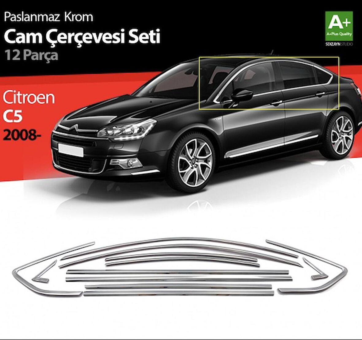 S-Dizayn Citroen C5 Krom Cam Çerçeve Seti 12 Prç 2008-2017 (Bütün-Formlu)
