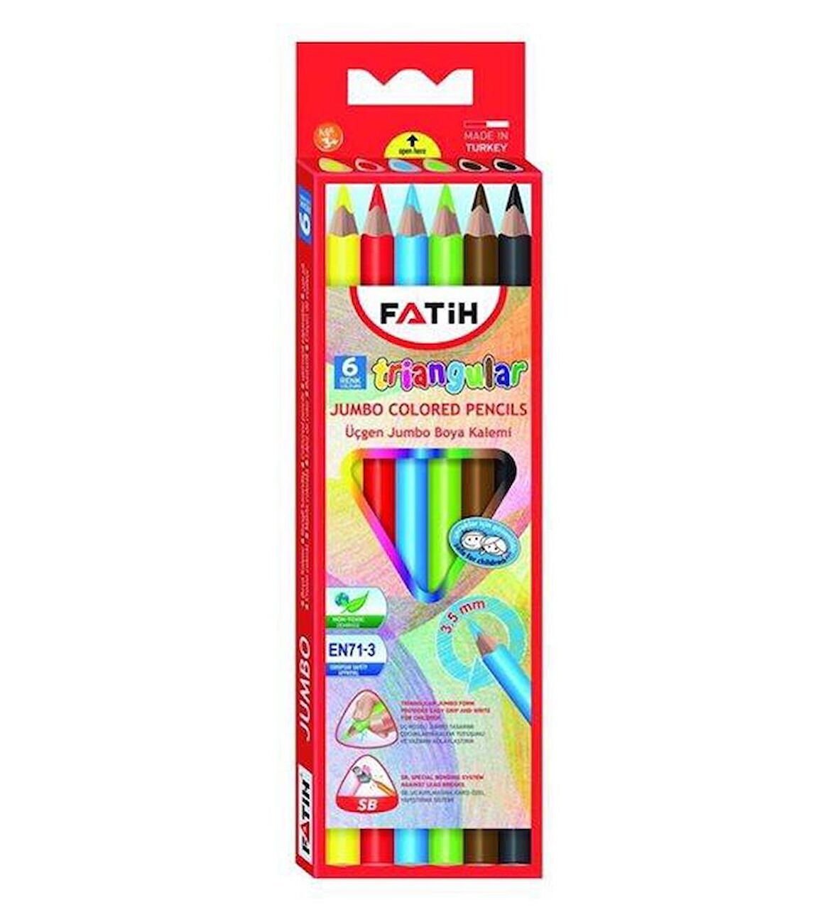 Fatih Kuru Boya Tam Boy Jumbo Üçgen Triangular Kalemi 6 Renk 3,5 MM 33490