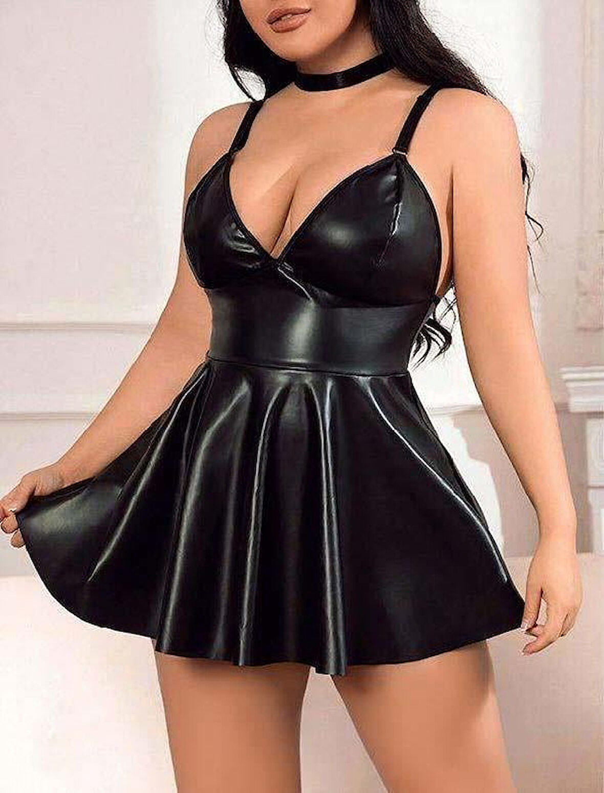 Bicomi Büyük Beden Siyah Deri Fantezi Elbise