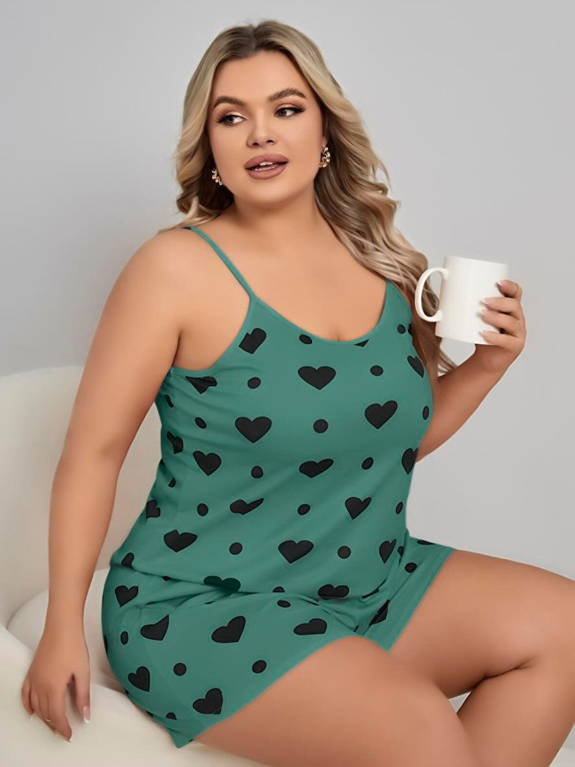 Bicomi Büyük Beden Yeşil Kalp Desen Pamuklu Şortlu Pijama Takımı