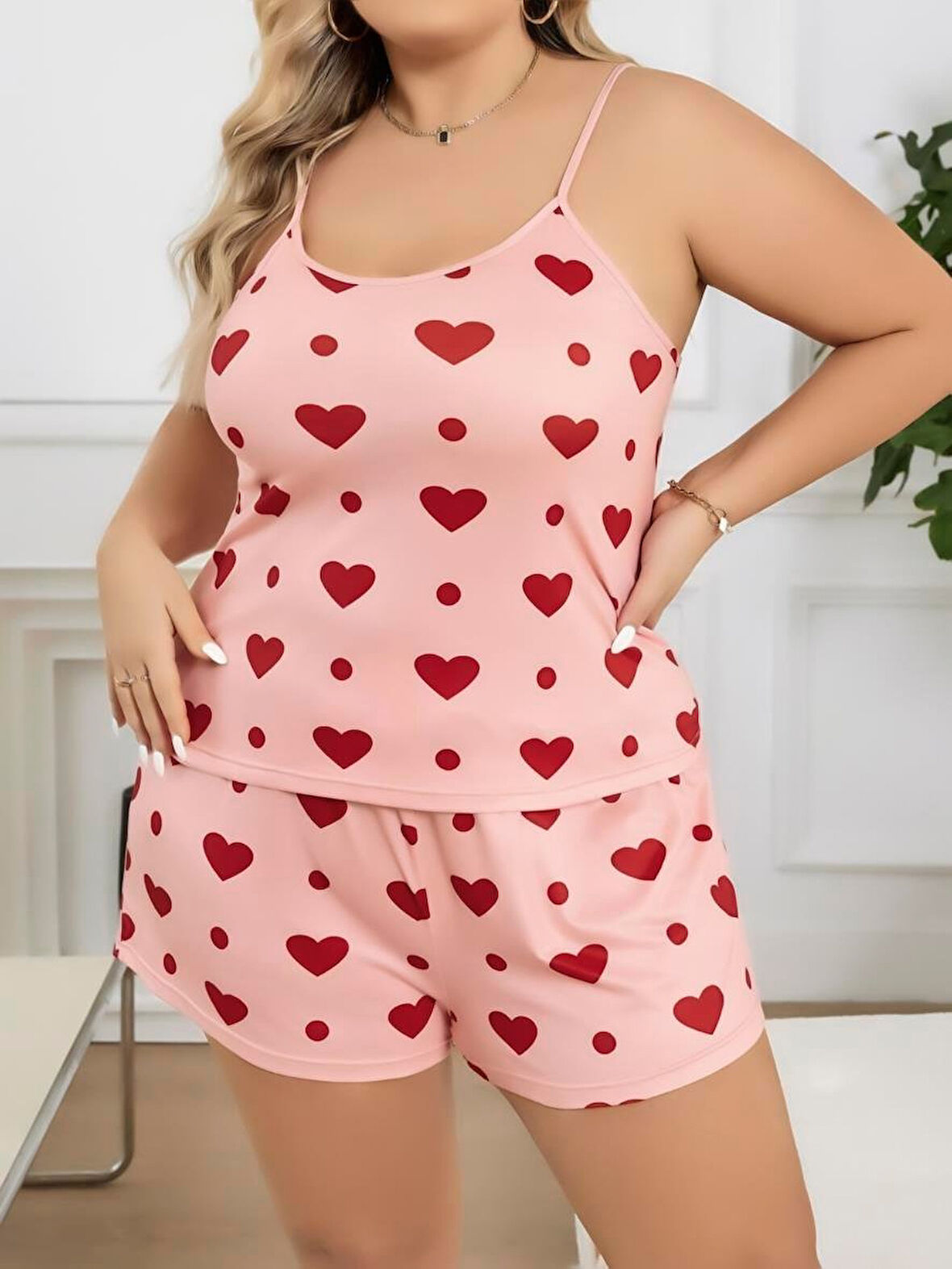 Bicomi Büyük Beden Pembe Kalp Desen Pamuklu Şortlu Pijama Takımı