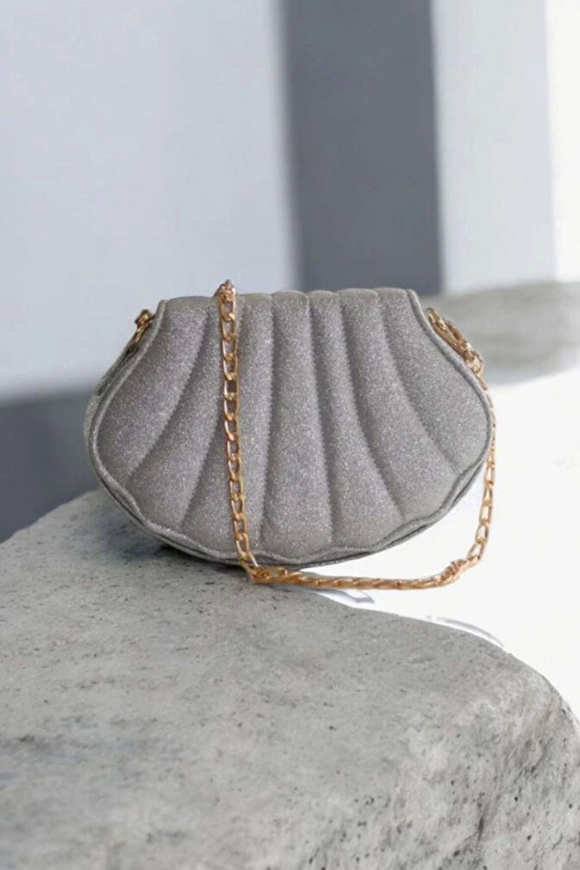 Lalin Gümüş Kristal Deri Zincir Askılı Kadın Abiye Clutch Çanta