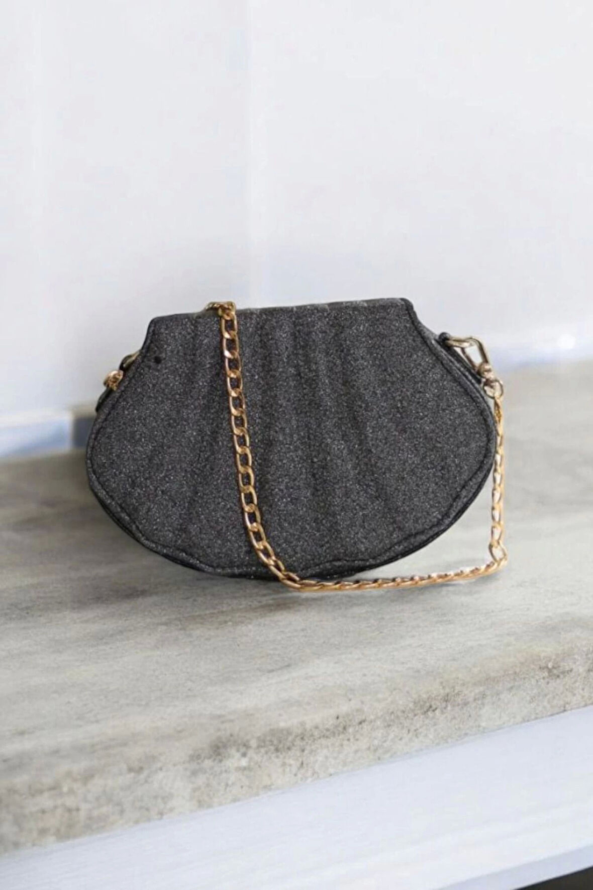 Lalin Antrasit Kristal Deri Zincir Askılı Kadın Abiye Clutch Çanta
