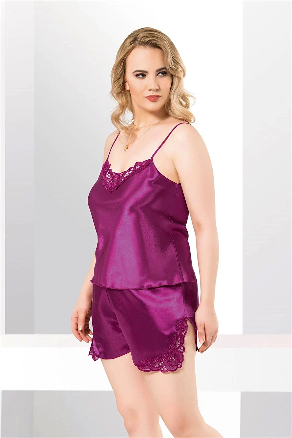 Bicomi Büyük Beden Mor Saten Babydoll Şort Takımı