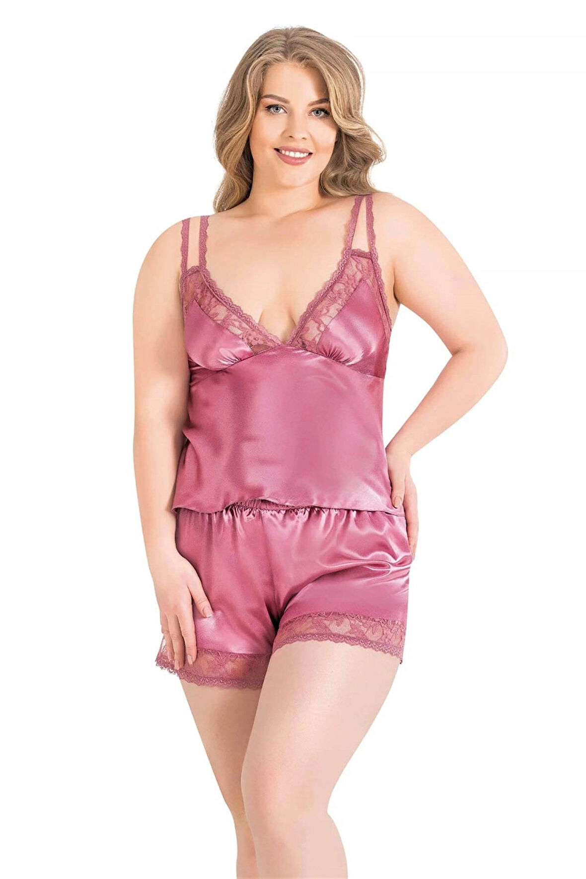 Bicomi Büyük Beden Gül Kurusu Saten Babydoll Şort Takımı