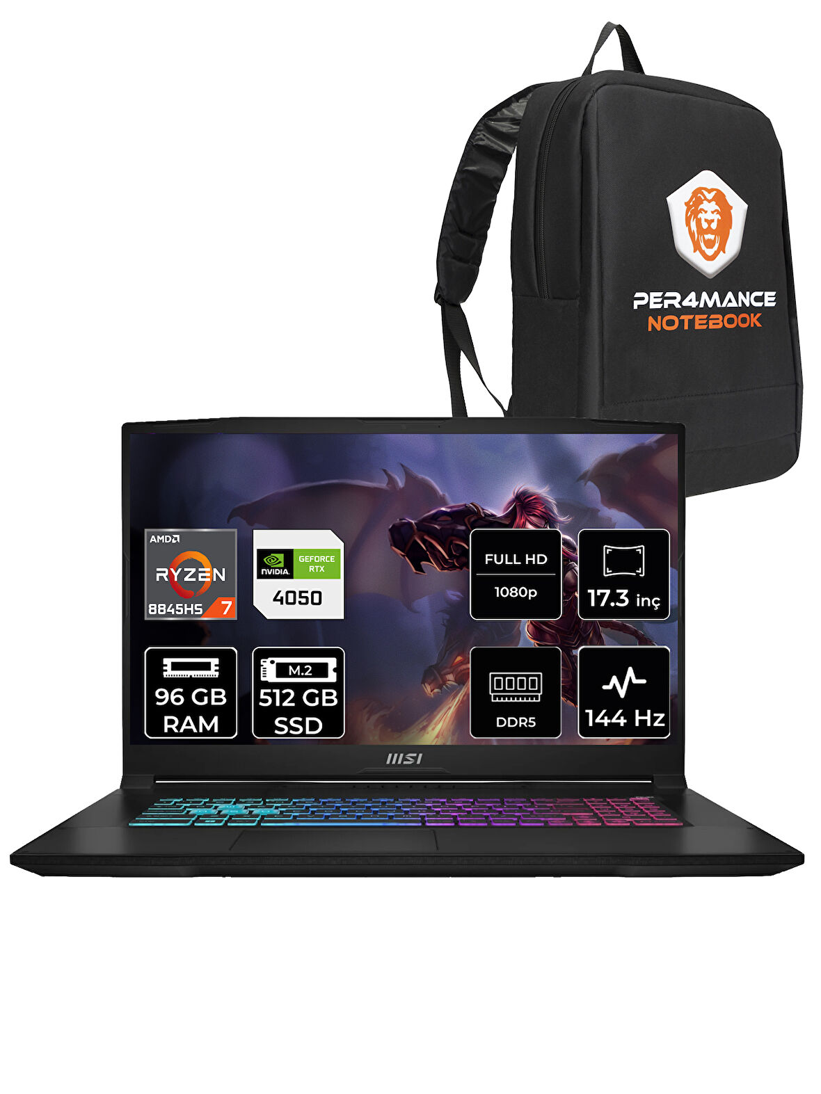 MSI Katana A17 AI R7 8845HS 96GB 512GB SSD RTX4050/6GB 17.3" FHD 144HZ FDOS B8VE-853XTR & PER4 ÇANTA