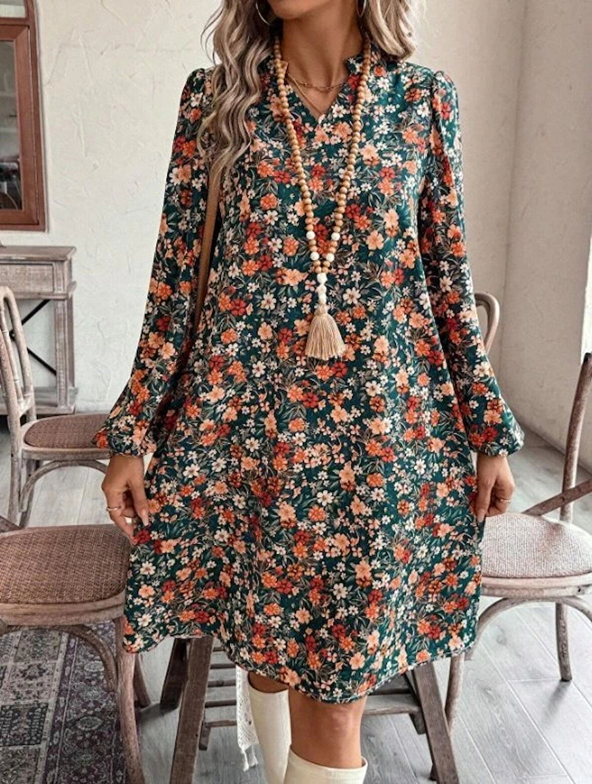 Kadın Uzun Kollu V Yakalı Desenli Modal Mini Elbise