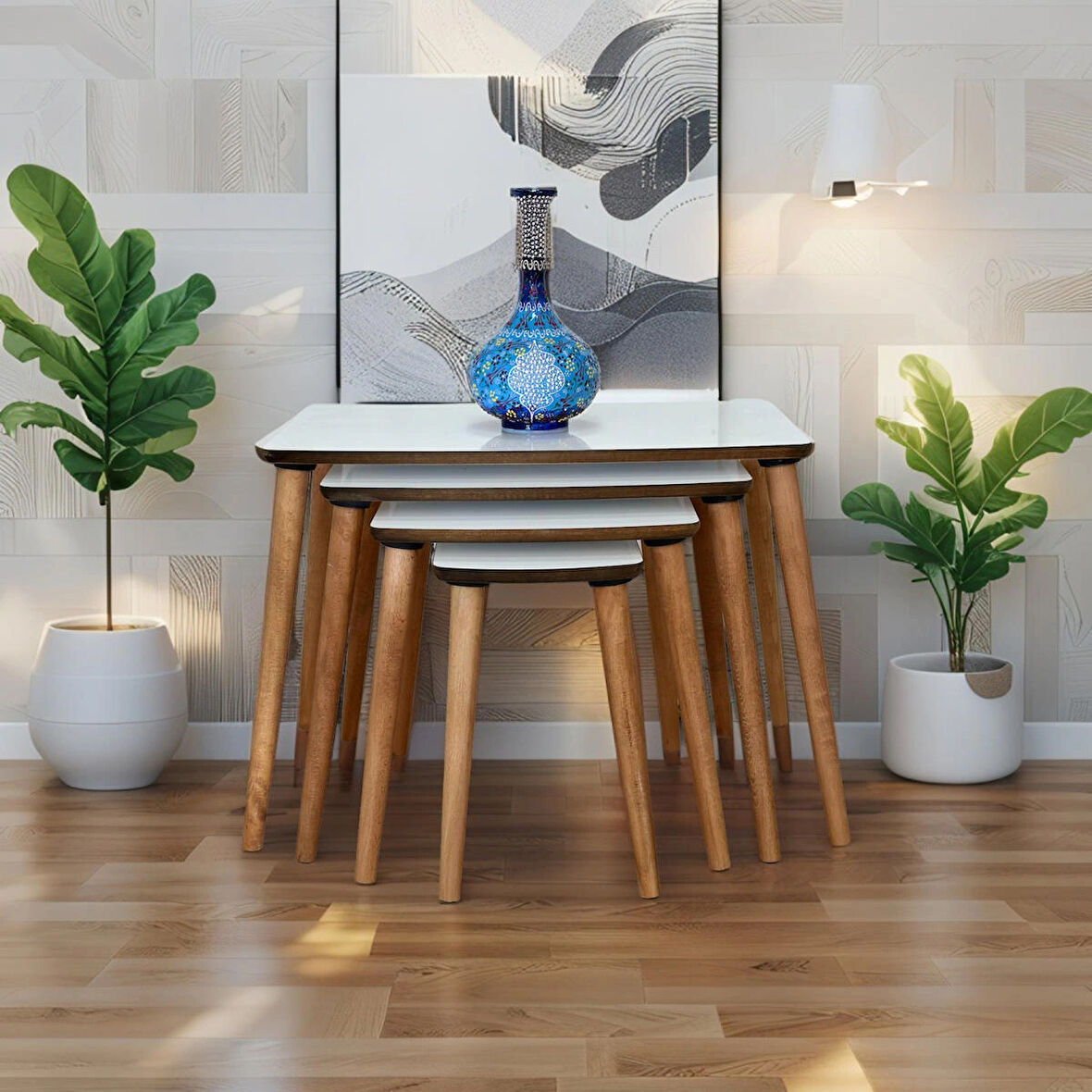 Evmob | Evim Mobilya Lüks 1. Sınıf Mdf Tek Katlı 4’lü Zigon Sehpa Seti – Beyaz & Ceviz, Modern Tasarım