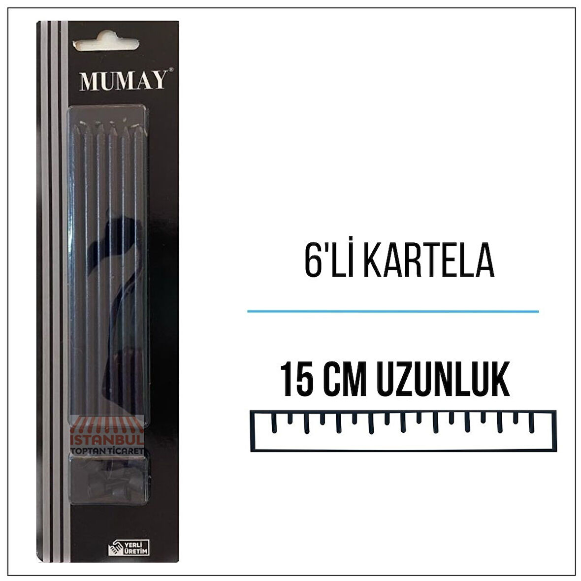 Metalik Siyah Uzun Pasta Mumu 15 cm 6'lı