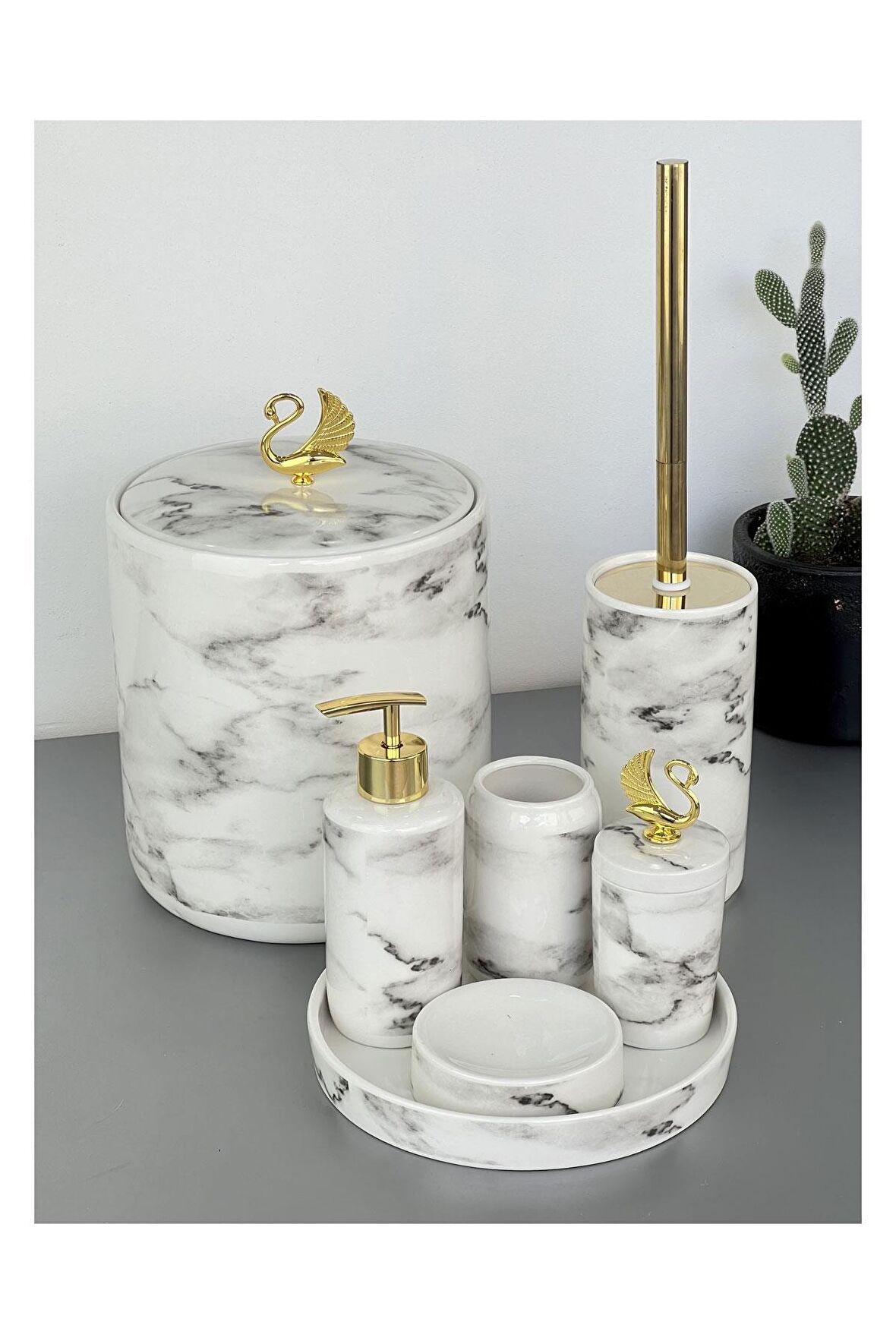 Lüx 7 Parça Elya Desen Porselen Banyo Takımı Beyaz