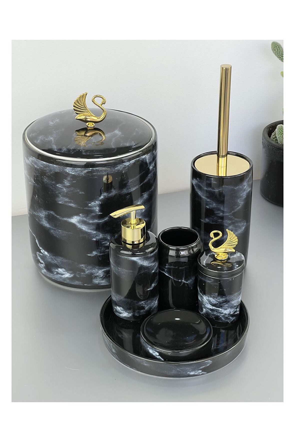 Lüx 7 Parça Elya Desen Porselen Banyo Takımı Siyah