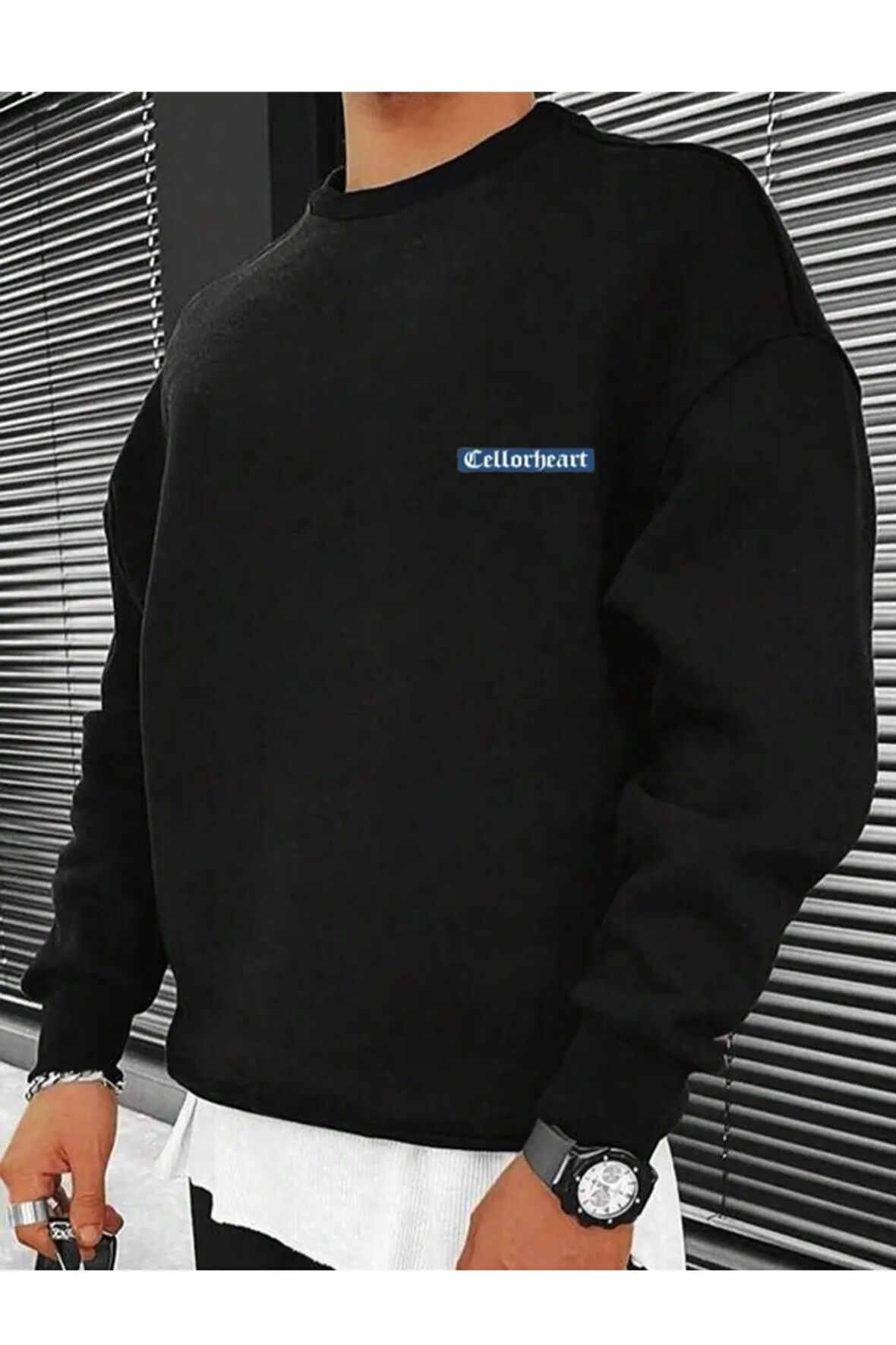 Erkek Siyah Oversize Celloheart Baskılı Bisiklet  Yaka Sweatshirt
