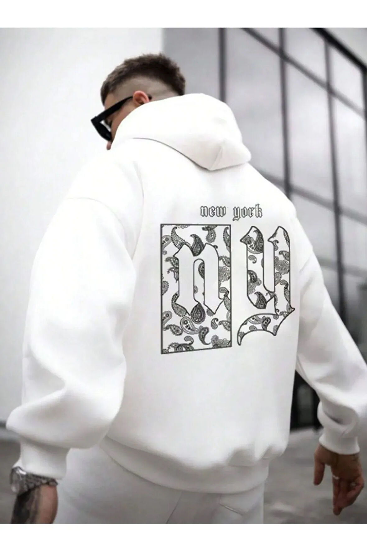 Erkek Beyaz Ny Life  Baskılı Sweatshirt