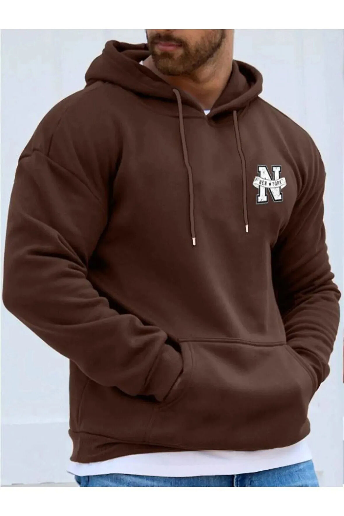 Erkek Kahverengi  Oversize  New York Baskılı Sweatshirt