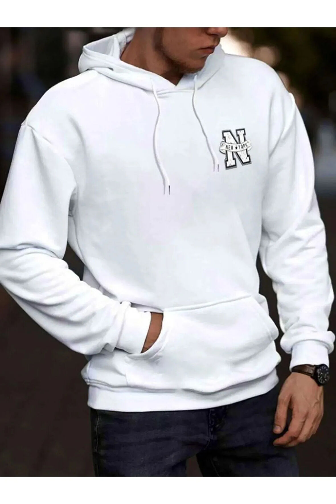 Erkek Beyaz Oversize  New York Baskılı Sweatshirt