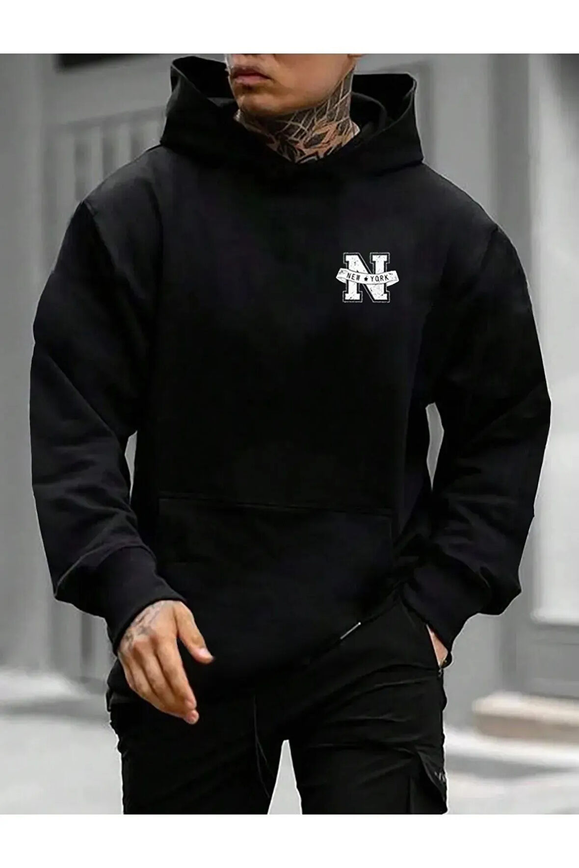 Erkek Siyah Oversize  New York Baskılı Sweatshirt