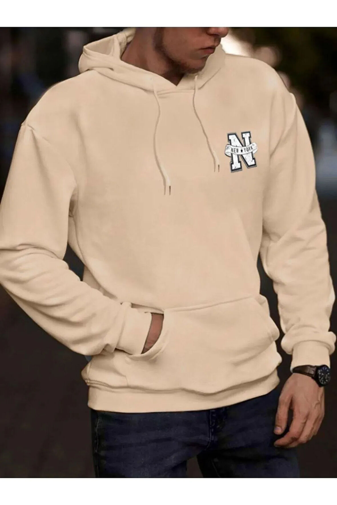 Erkek Bej Oversize  New York Baskılı Sweatshirt