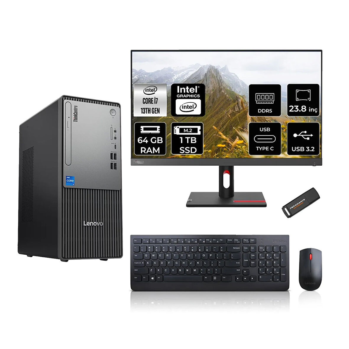 Lenovo ThinkCentre Neo 50T G5 i7 13700 64GB 1TB SSD 23.8" FHD Monitör FDOS Masaüstü Bilgisayar