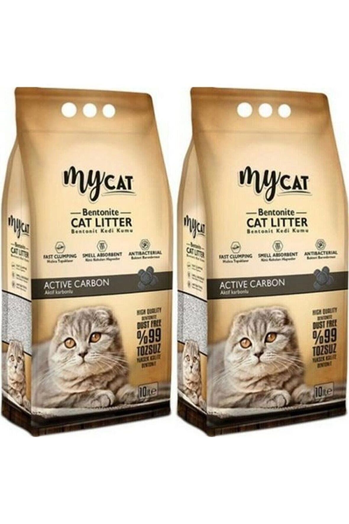 Mycat Aktif Karbonlu Topaklaşan Bentonit Kedi Kumu İnce Taneli 10 Lt - 2 ADET