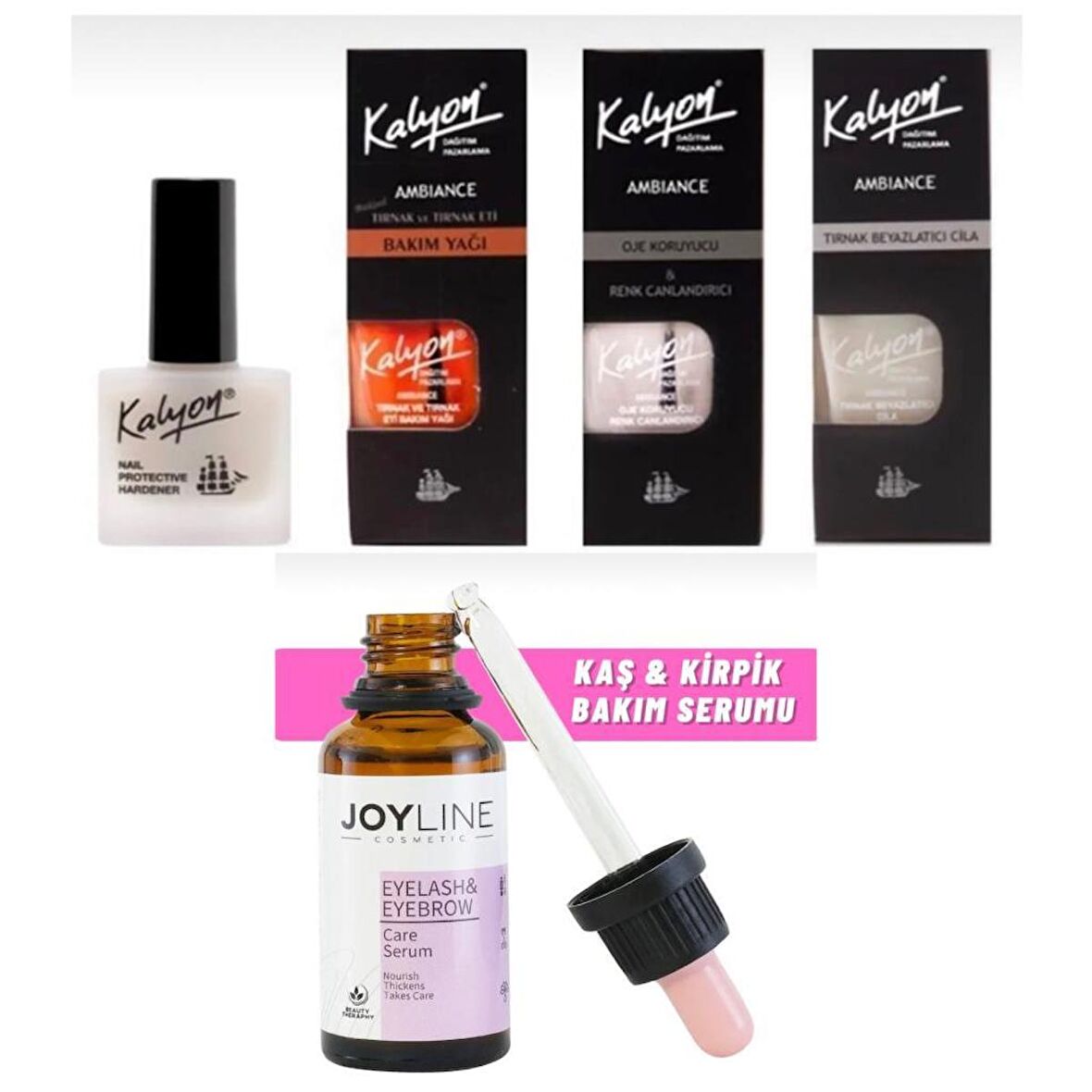 Kalyon Sertleştrici Bakım Yağı Koruyucu Beyazlatıcı 4 Lü Set+joy line Kaş Kirpik Onarıcı,uzatıcı,besleyici Ve Güçlendirici Bakım Serumu 30ml 