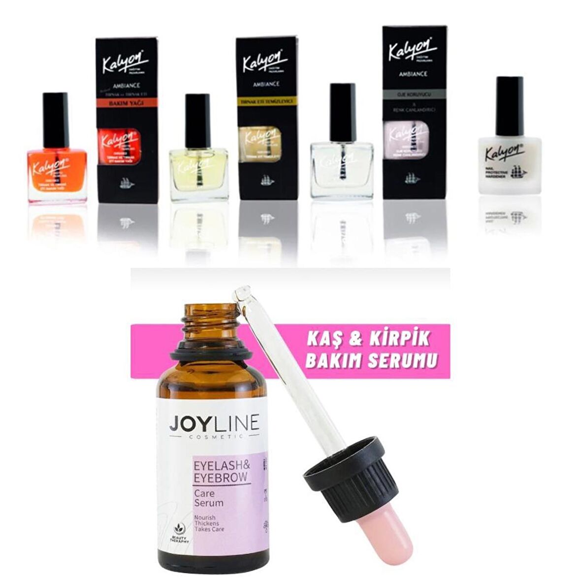 Kalyon Sertleştirici Bakım Yağı Et temizleyici Koruyucu Beyazlatıcı 4 Lü Set+joy line Kaş Kirpik Onarıcı,uzatıcı,besleyici Ve Güçlendirici Bakım Serumu 30ml 