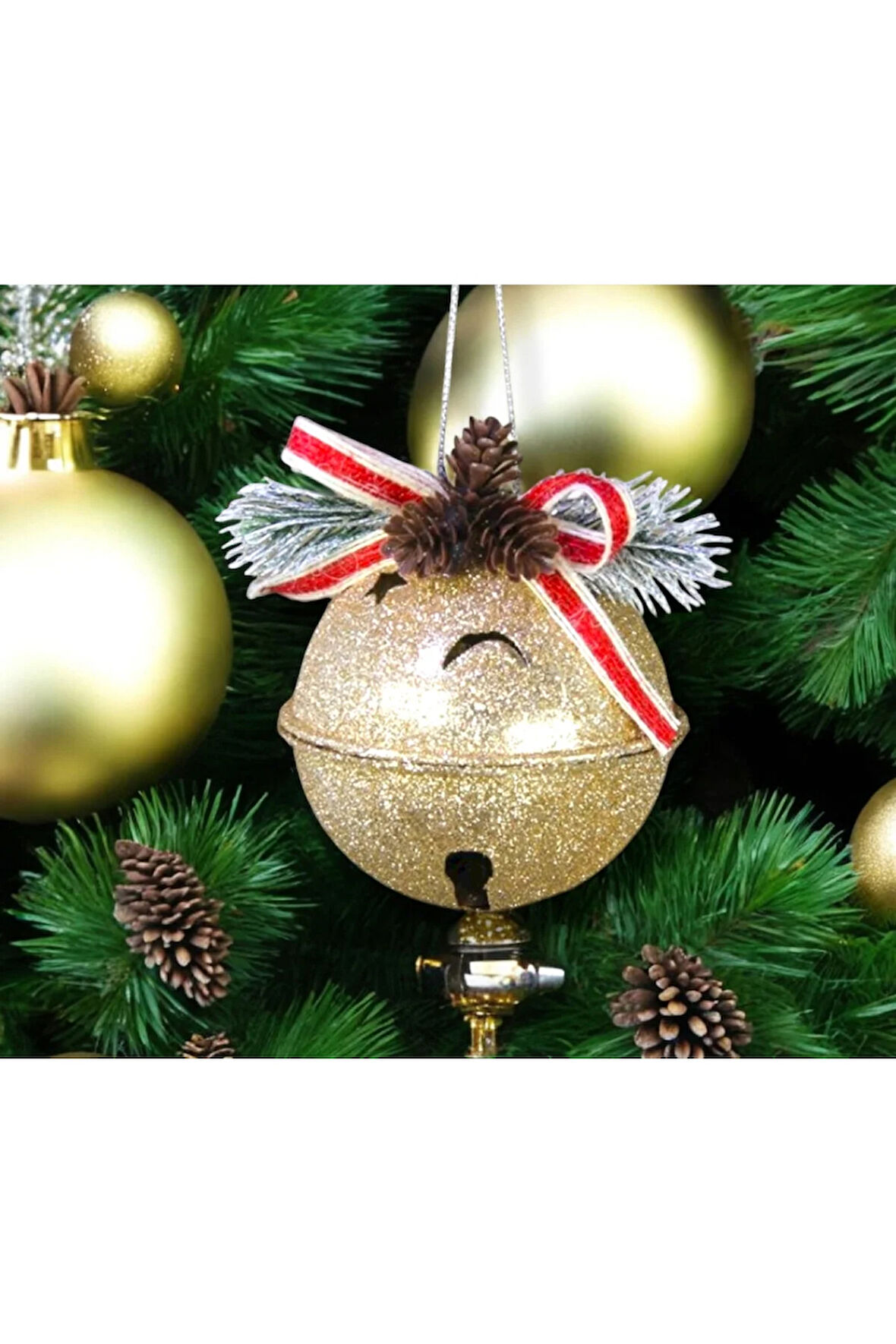 Yılbaşı Süsü Simli Çıngırak Top Şampanya 8 cm