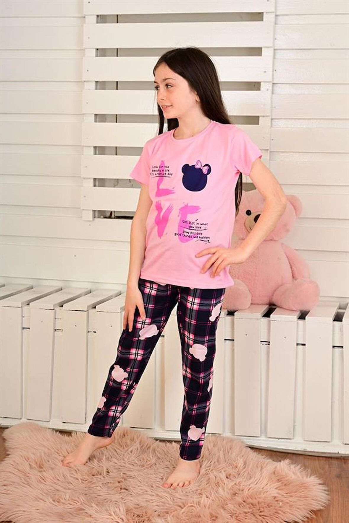 kız çocuk kısa kollu pijama takımı love bear pembe