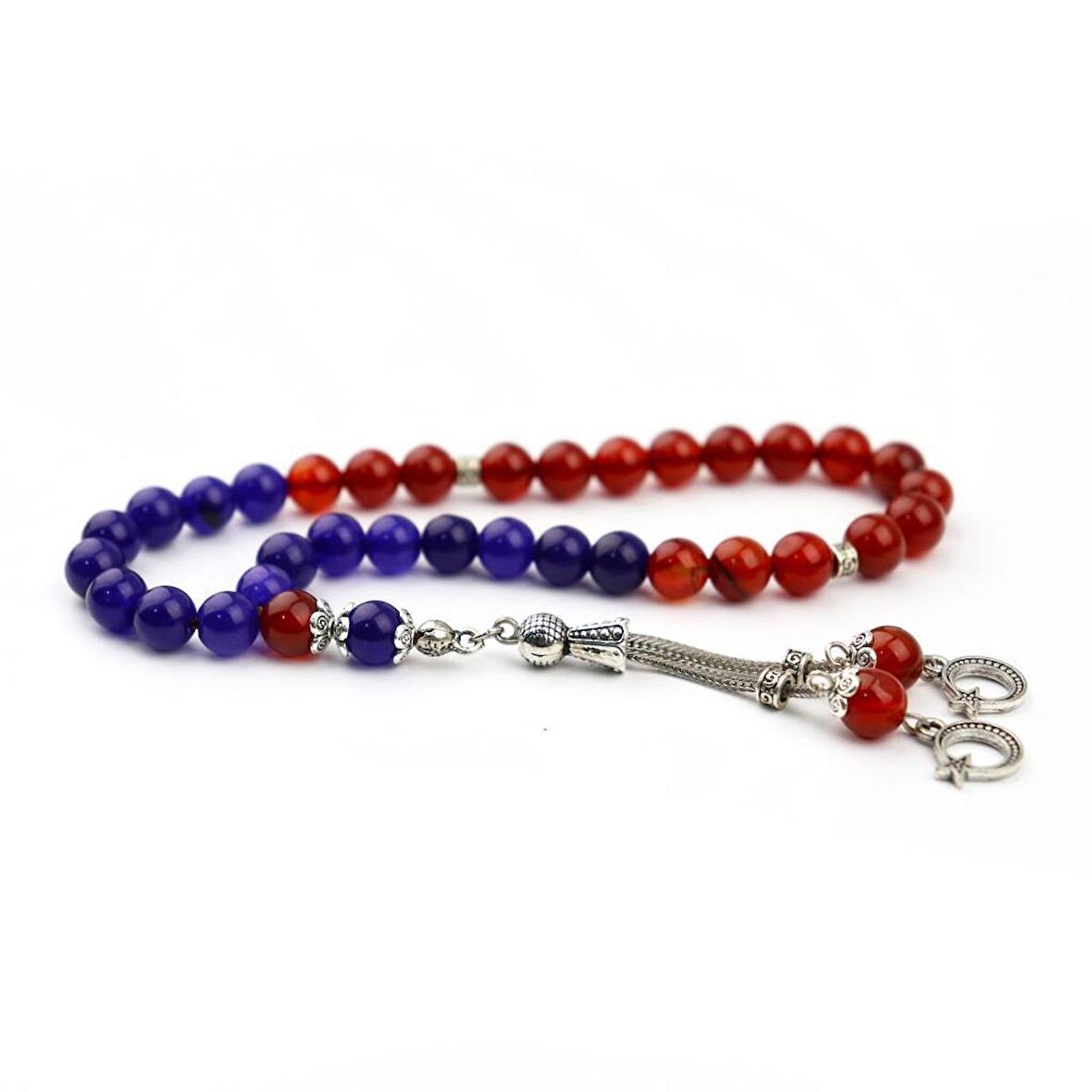 Çift Ayyıldız Püsküllü Kırmızı Akik ve Lacivert Ceyt Taşı Tesbih